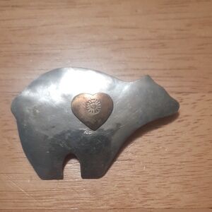 Silver Bear Brooch with Gold Heart Accent